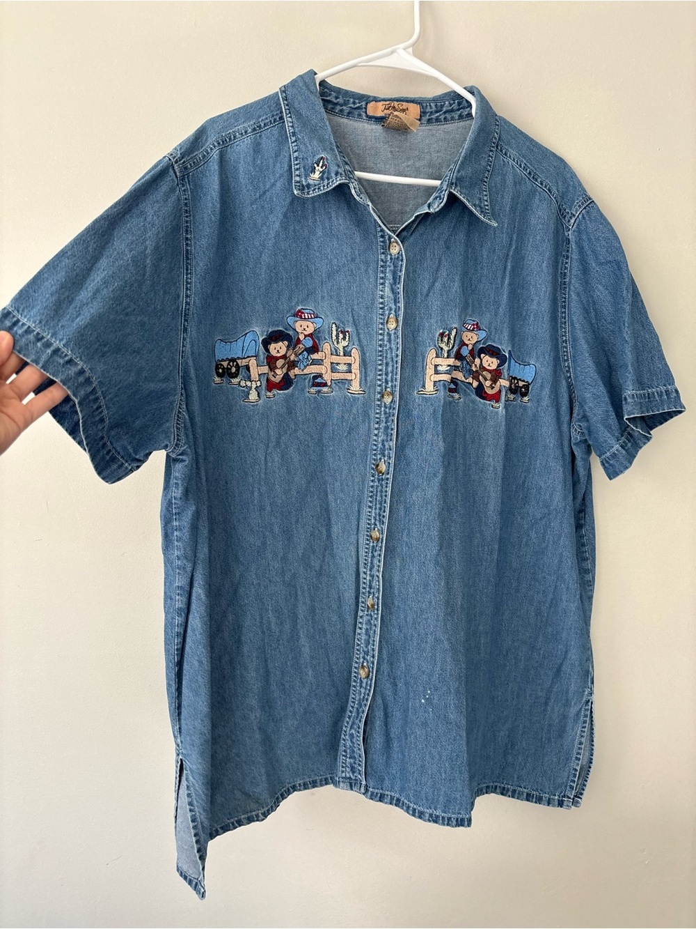 Vintage Grannycore Western Teddy Bear Embroidered Cottage Shirt - Size 2X - 3X